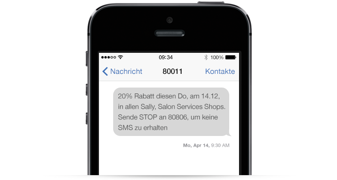 Ein Beispiel einer SMS Marketing Nachricht von Sally's