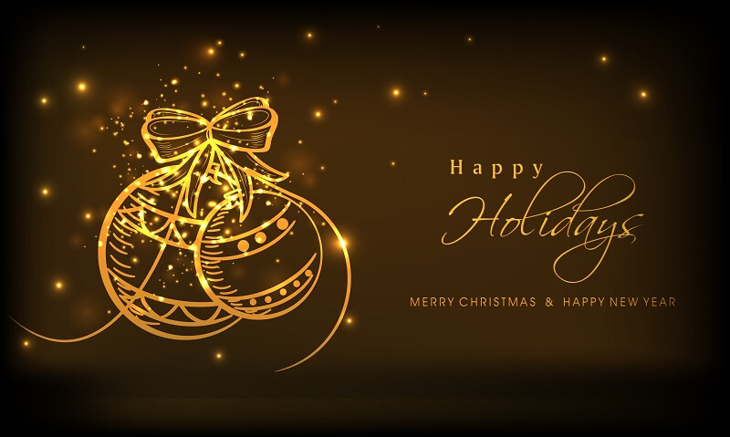 Shiny golden balls and stylish text of Happy Holidays, Merry Christmas and New Year on brown background.