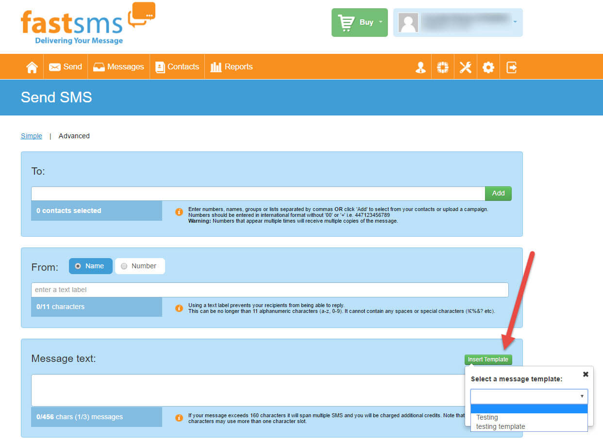 How to insert a message template at FastSMS