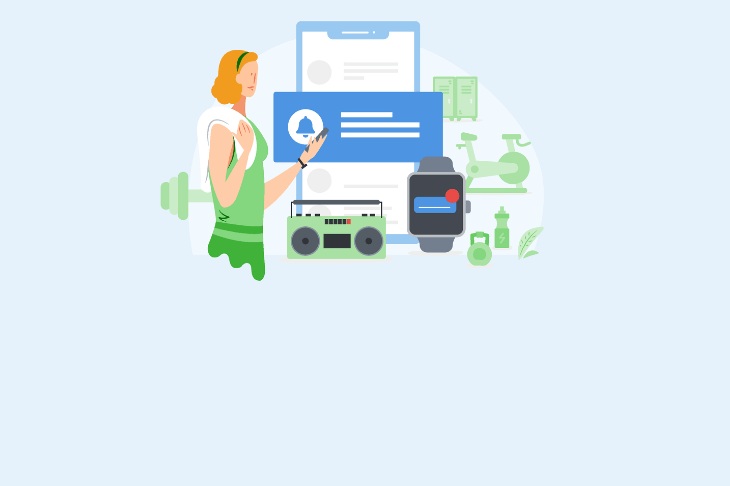 Ilustración de una mujer yendo al gimnasio y recibiendo una notificación por SMS