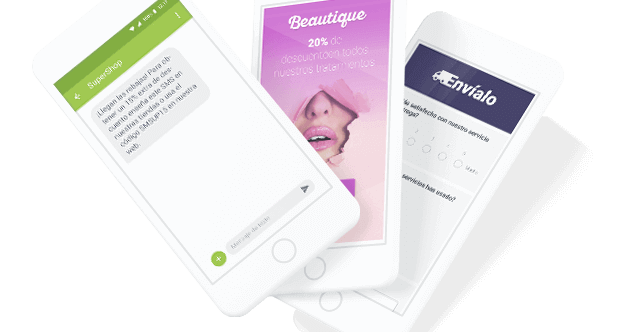 Tres teléfonos con ejemplos de SMS para empresas, SMS landing pages y encuestas por SMS