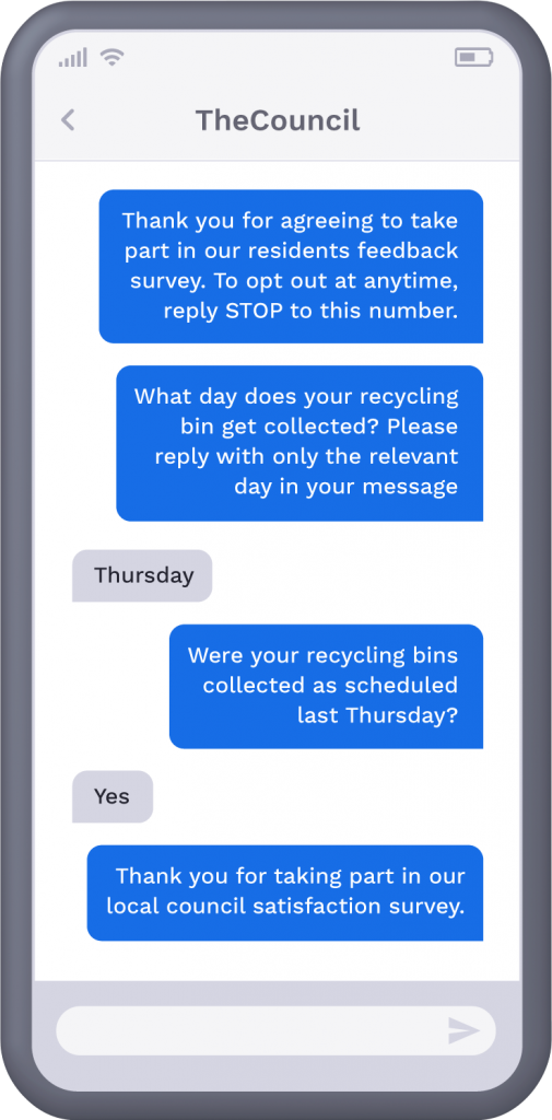 Phone showcasing SMS resident satisfaction survey from council