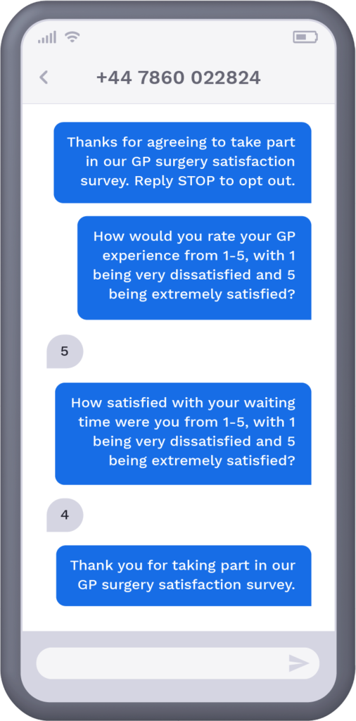Phone showcasing SMS patient satisfaction survey from GP surgery