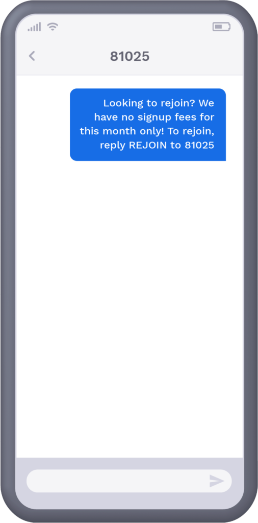 Phone showing text message from gym offering recipient re-joining fee discount