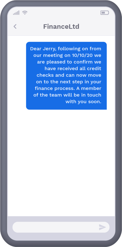 Phone with text message updating recipient on application