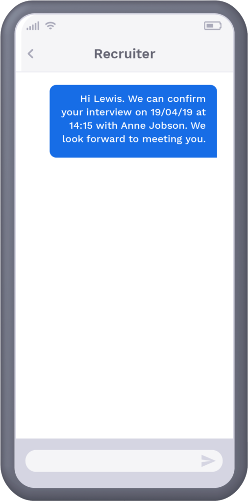 Phone with text message from recruiter reminding candidate of upcoming interview