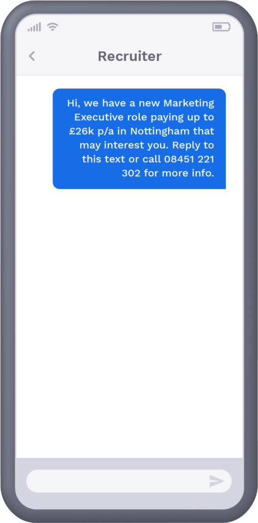 Phone with text message from recruiter advising recipient of new role that's become available
