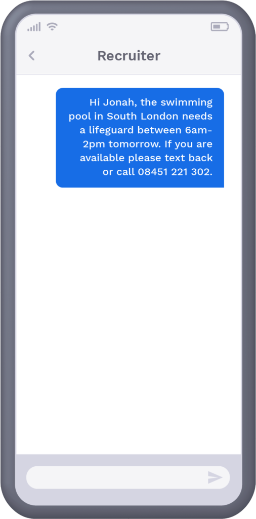 Phone with text message from leisure centre offering recipient a shift if they are available to work