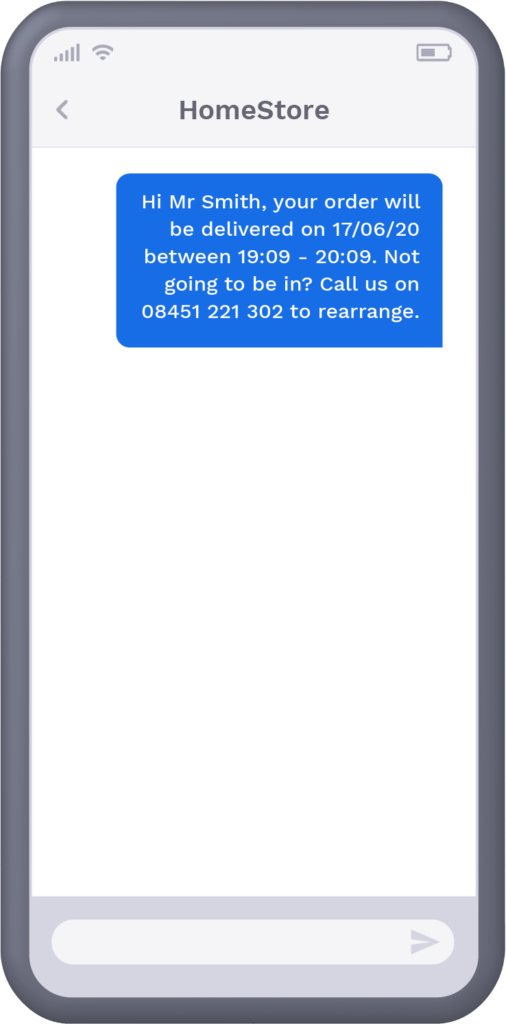 Phone with text message updating recipient on delivery window, giving option to rearrange if inconvenient