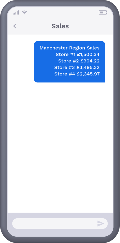 Phone with text message from company updating team on sales figures for the day