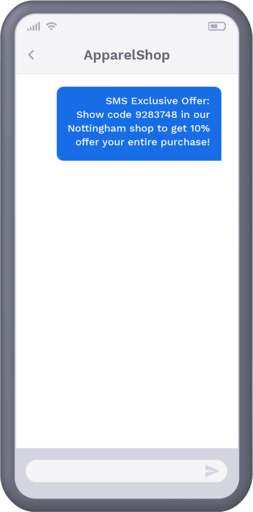 Phone with text message from retail shop offering recipient exclusive offer