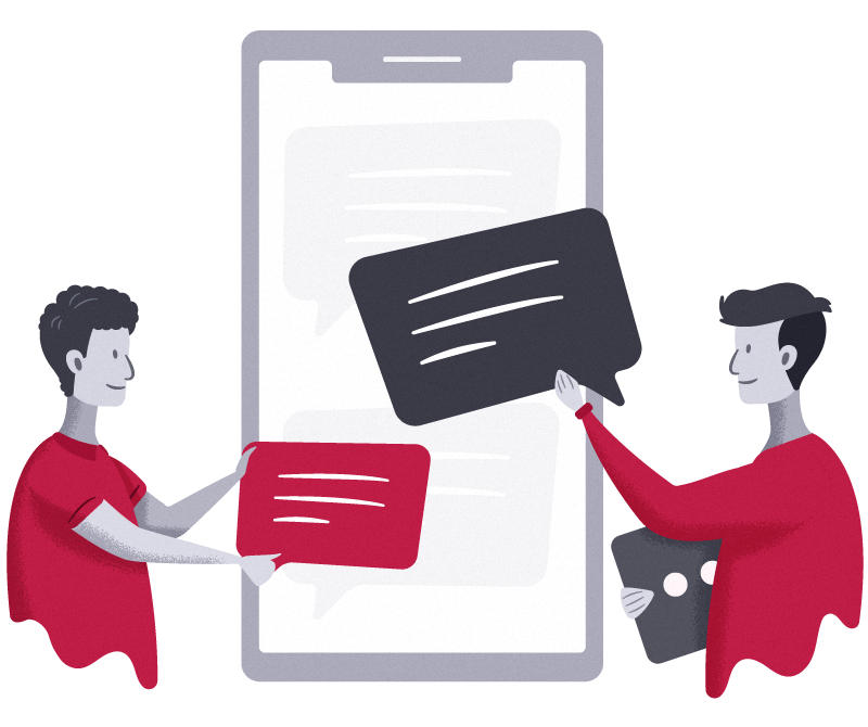 Two people holding and positioning text bubbles onto phone screen