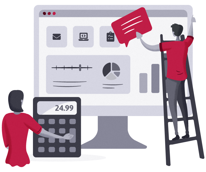 Illustration of woman holding calculator with man positioning text message bubble on website page
